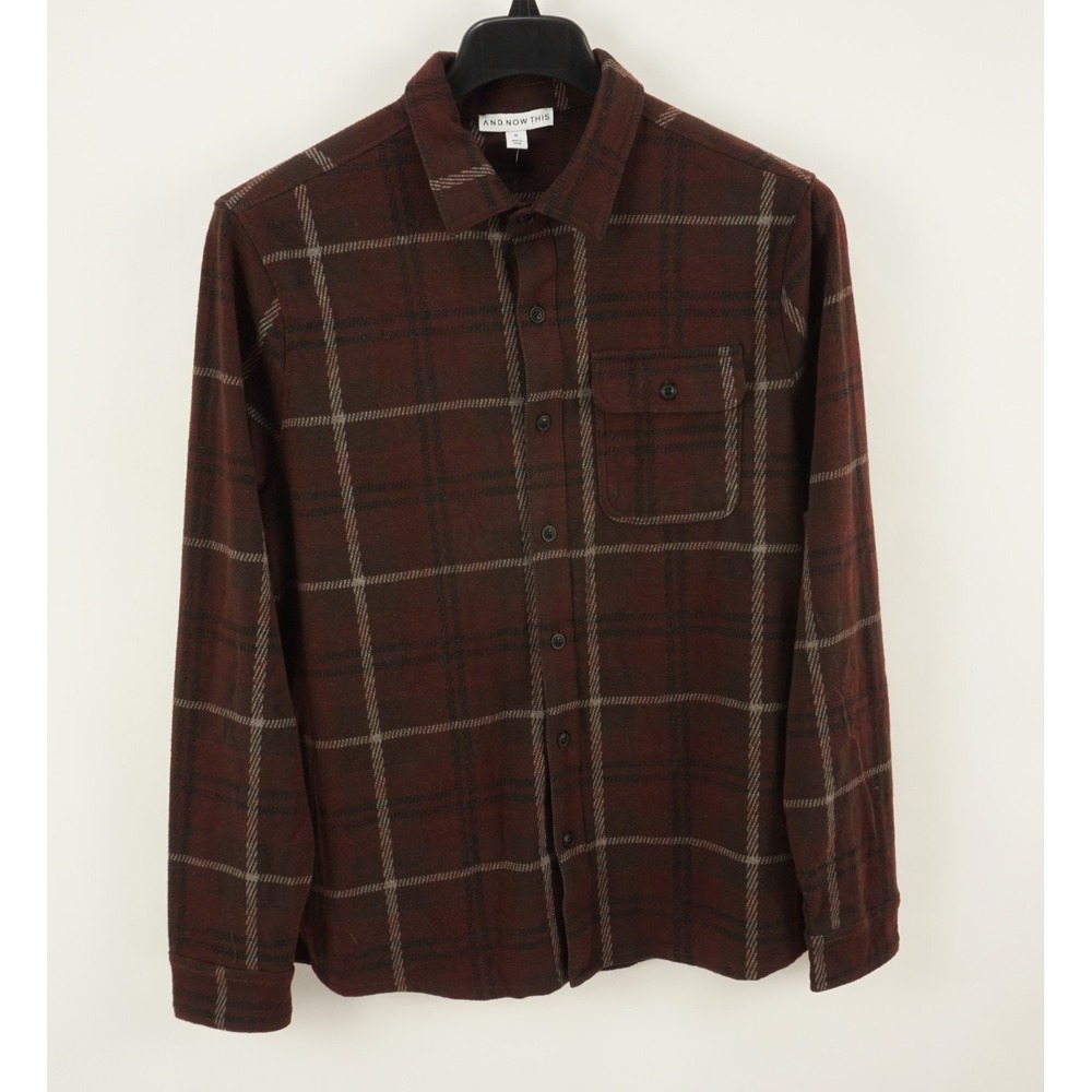 New And Now This Mens Medium Burgundy Gray‎ Check Flannel Button-Down Shirt